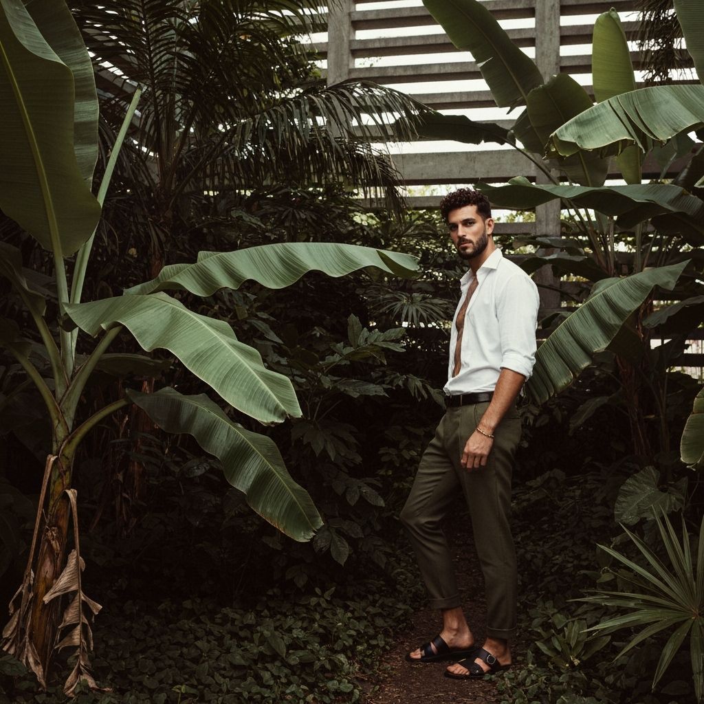 Tropical Jungle Scene with Brutalist Architecture and Dramat...