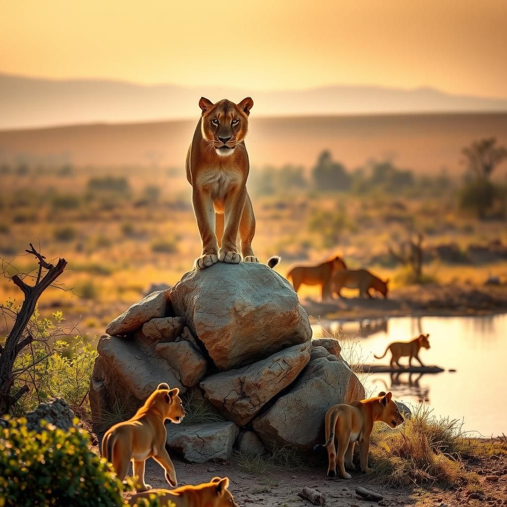 Lioness Watching Over Cubs in African Bush