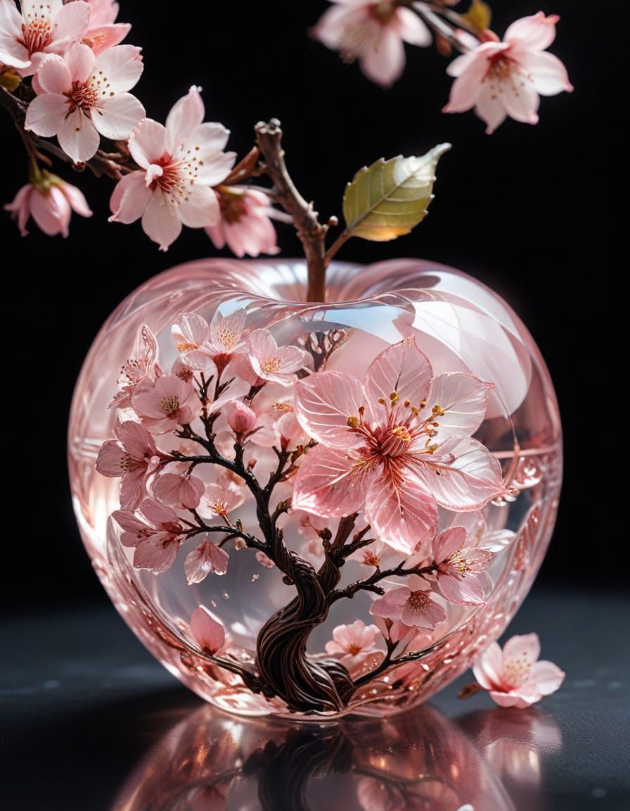 Glowing Crystal Apple Reveals a Dreamlike Cherry Blossom Tre...