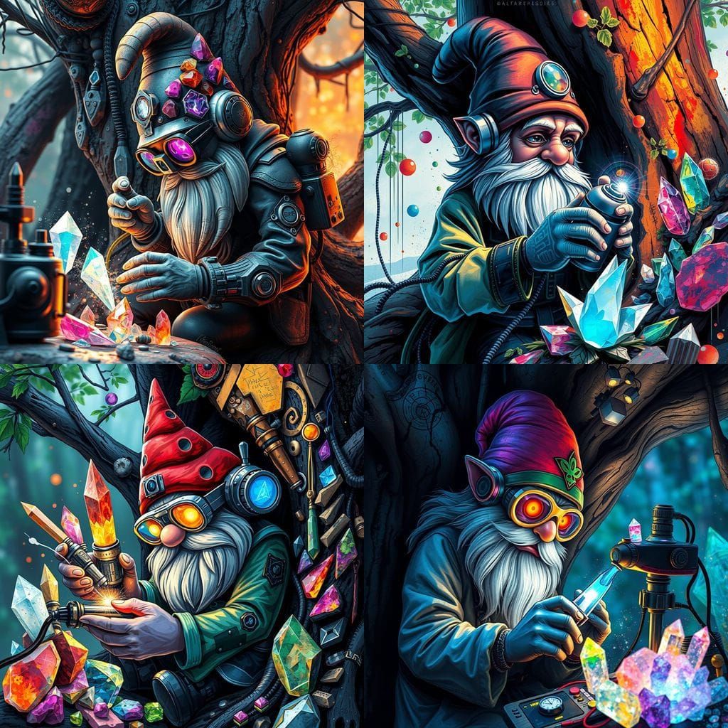 Futuristic Gnome crystal radionics technician creating devic...