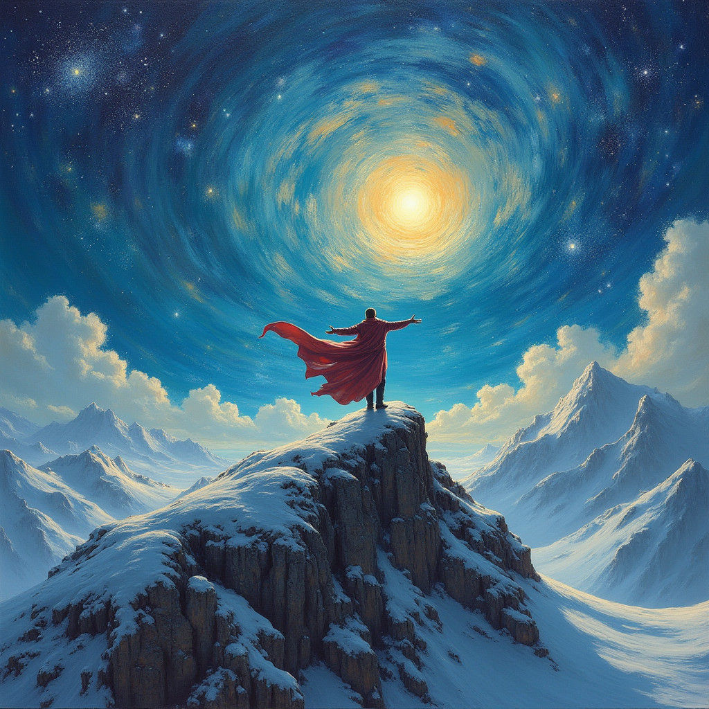 Triumphant Figure Amidst Windswept Mountain, in Surrealist S...