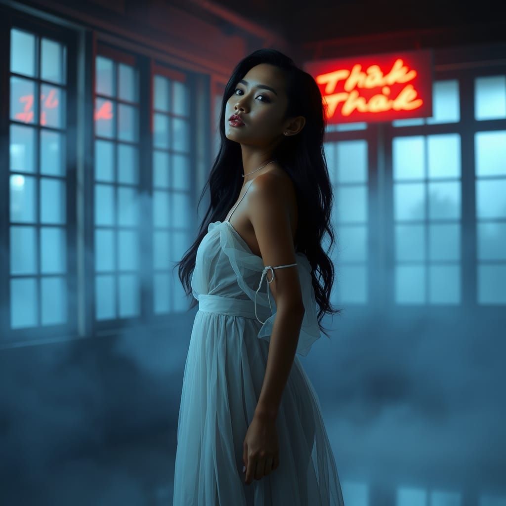 Ethereal Burmese Woman in Blue Haze: Atmospheric Elegance