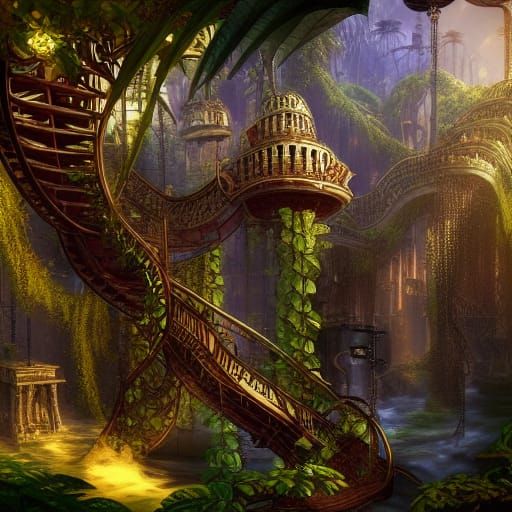 Steampunk Jungle Stairway to Heaven: Detailed Matte Painting
