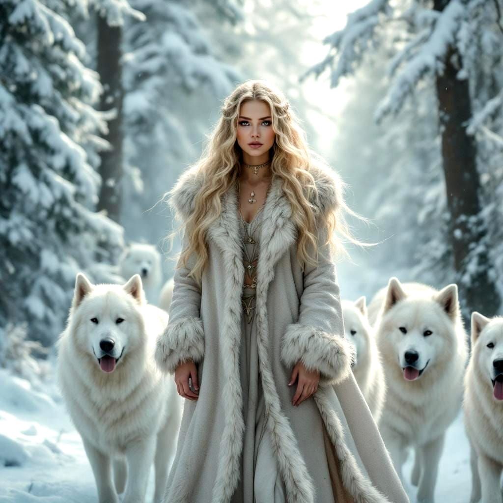 Snow Goddess with Tibetan Mastiffs in Winter Forest