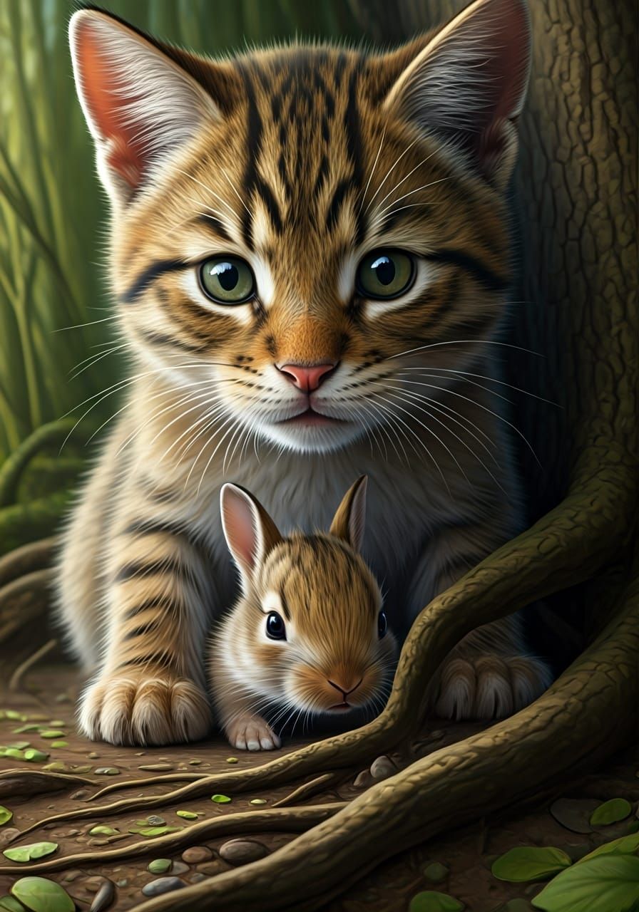 Giant Cat Searches for Tiny Hiding Bunny