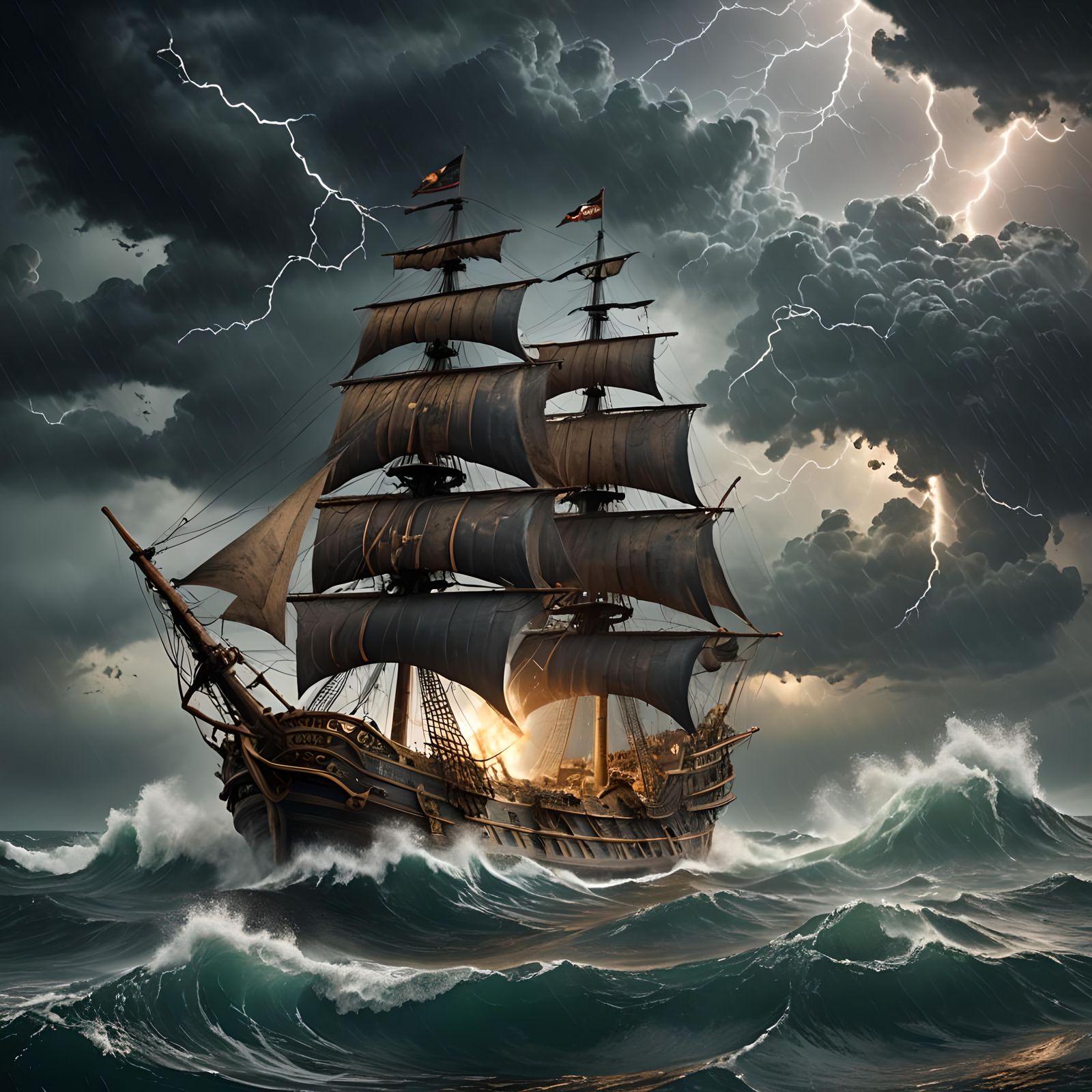 Pirate Ship in Thunderstorm: Fantasy Concept Art