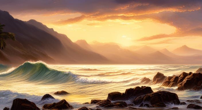 Golden Hour Beach in 19th Century Painting Style