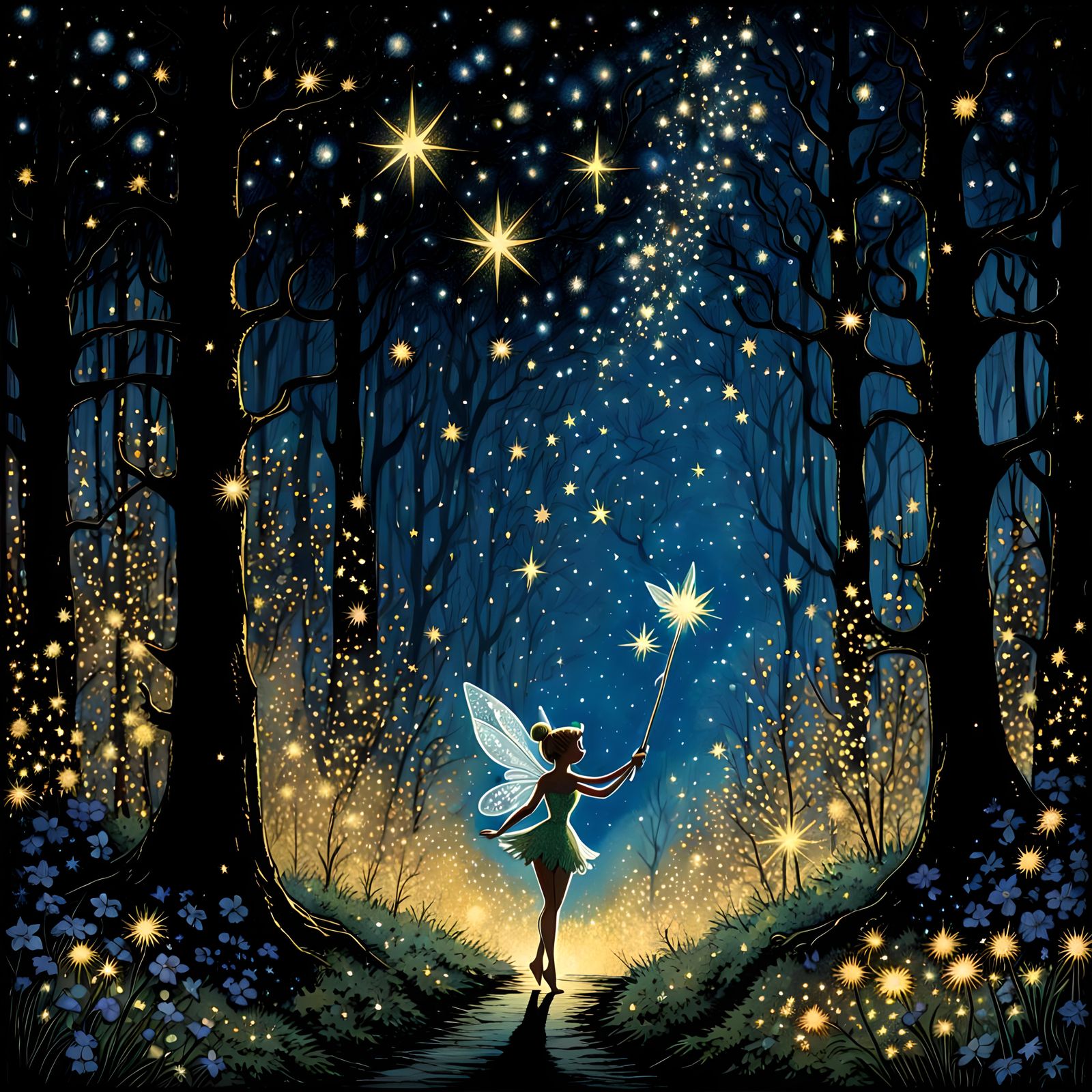 Tinkerbell the pixie  flitting about the magical forest scat...