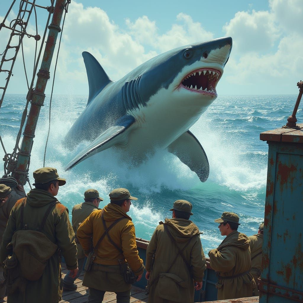 Great White Shark Breaching, Hyperrealistic Digital Art