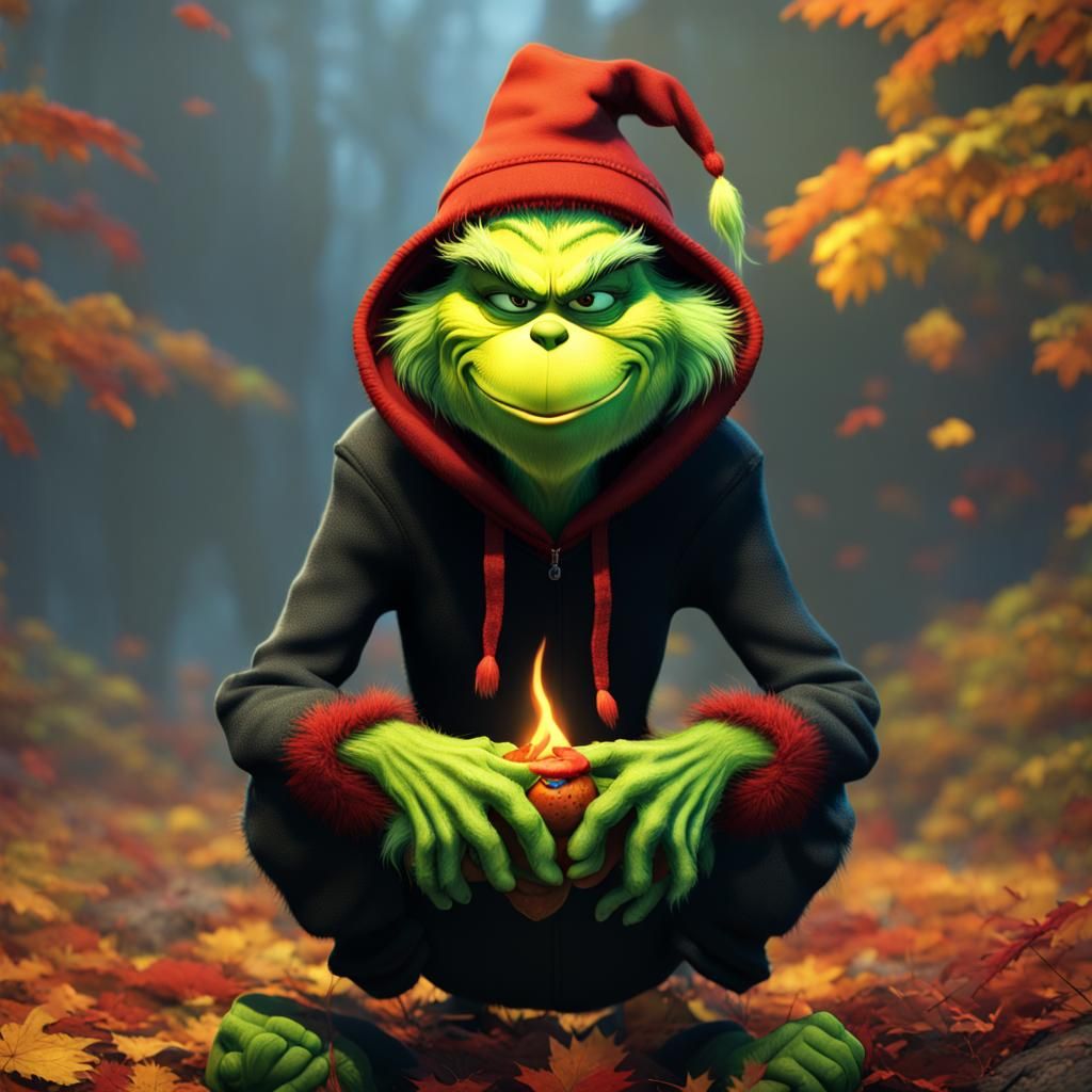Grinch in Hoodie with Flame, Dark Fantasy Art