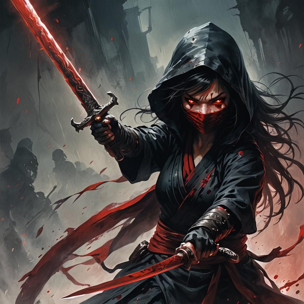 Female Ninja with Red Sword in Dark Fantasy Style
