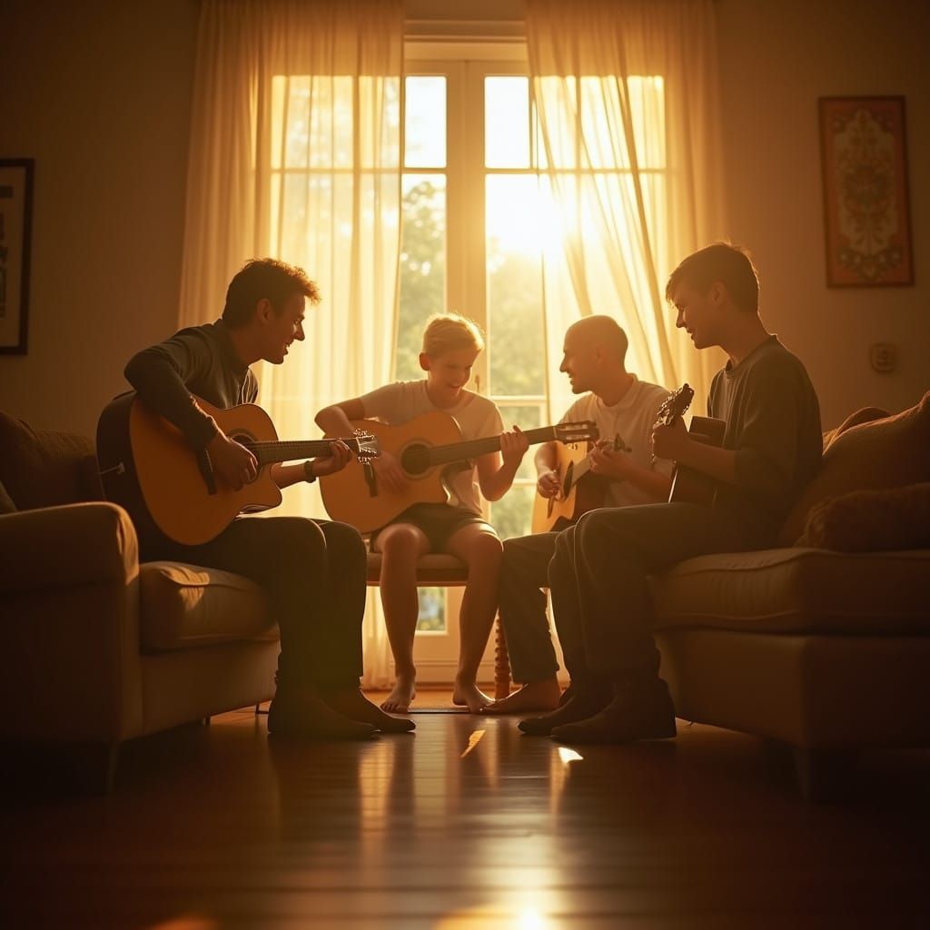 Cozy Family Music Night in a Warm Sunroom Scene
