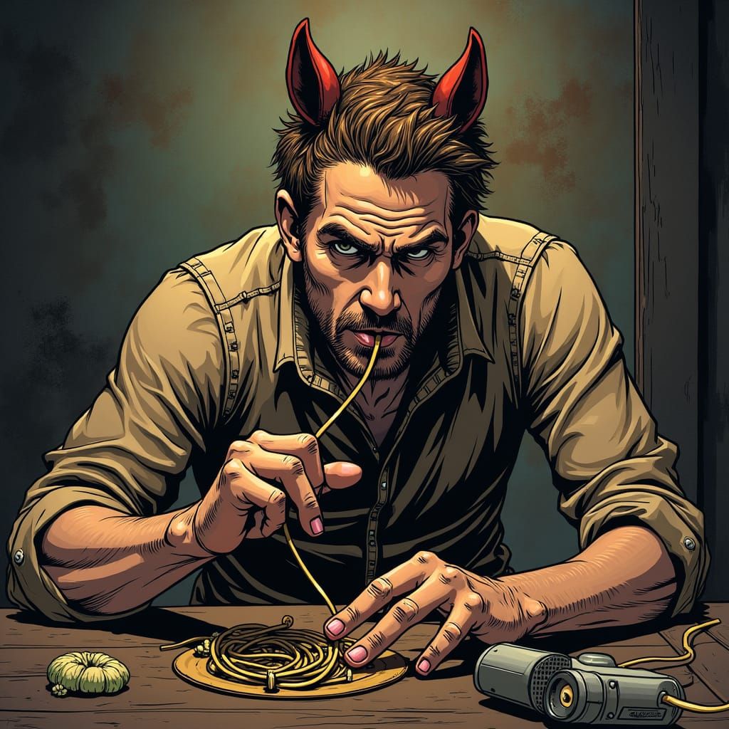 Comic Book Art: Man Eating Cables
