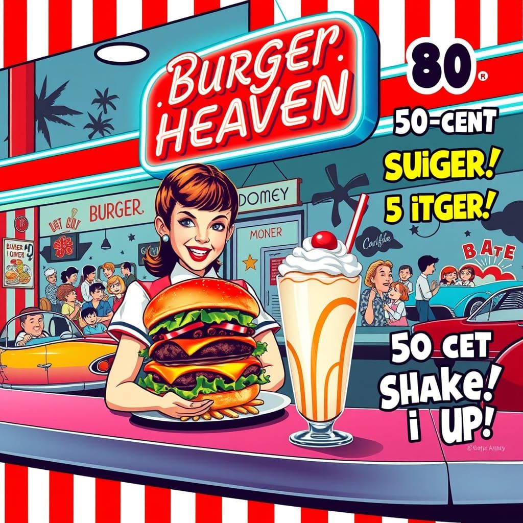 Retro Diner Scene Captured in 1960s American Fast-Food Poste...