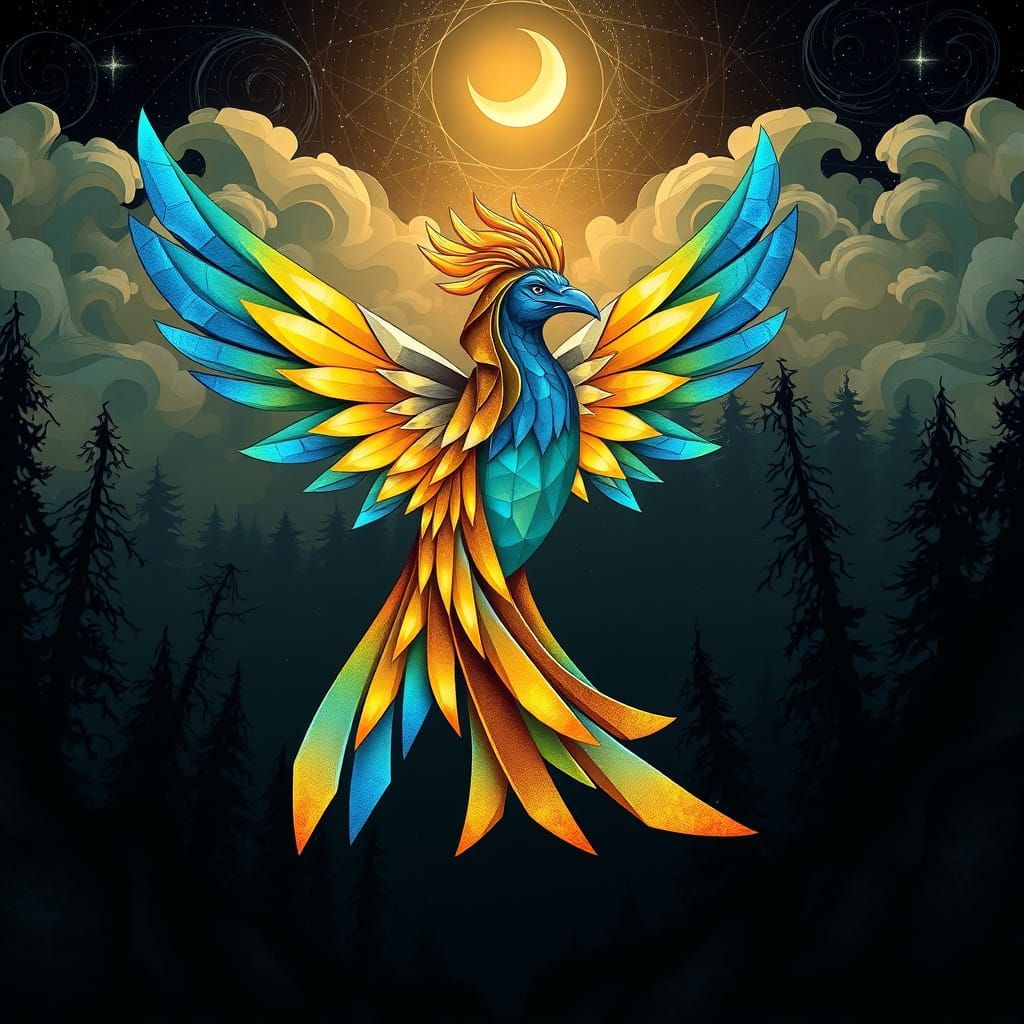 Mystical Bird Soars Through Cubist Starlit Sky