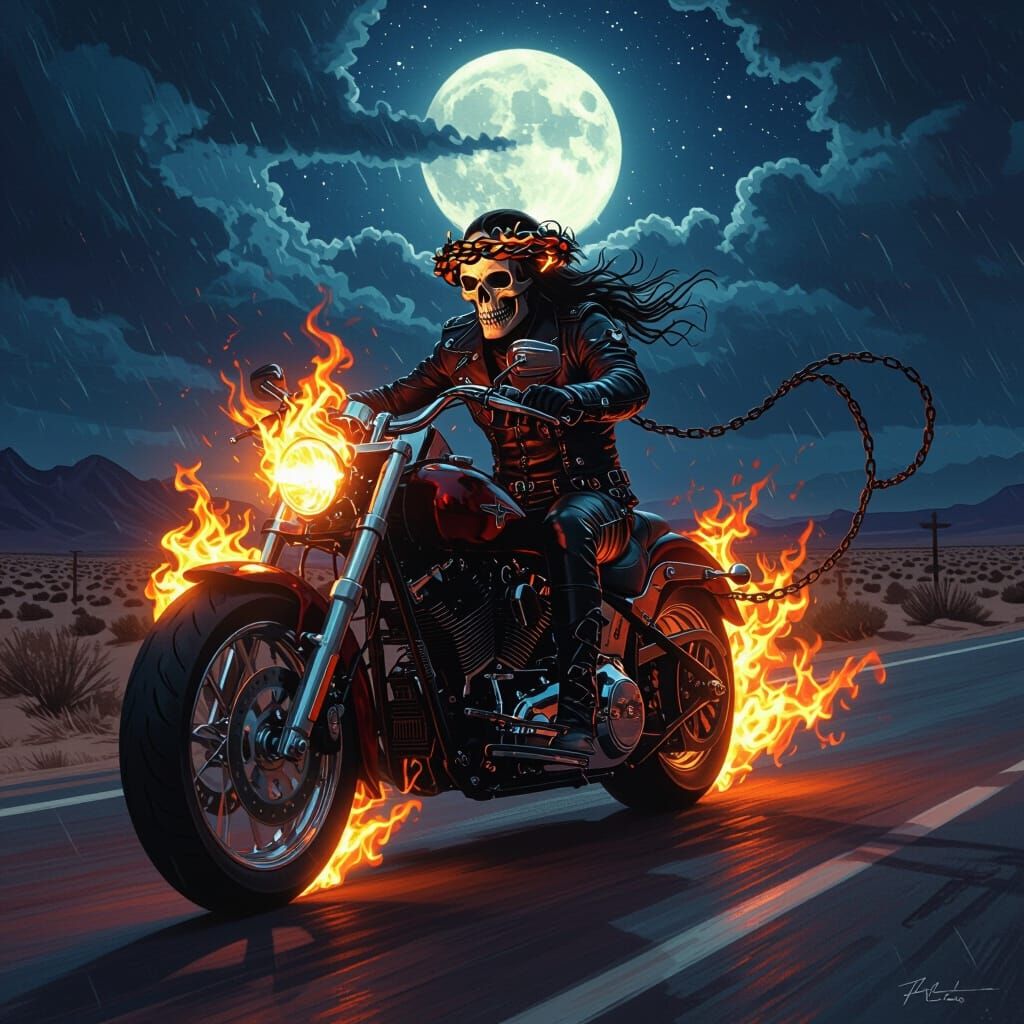 Spectral Rider on Flaming Motorcycle in Dark Fantasy Art