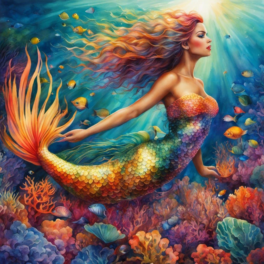 Rainbow Mermaid in Coral Reef: Watercolor Splash Art
