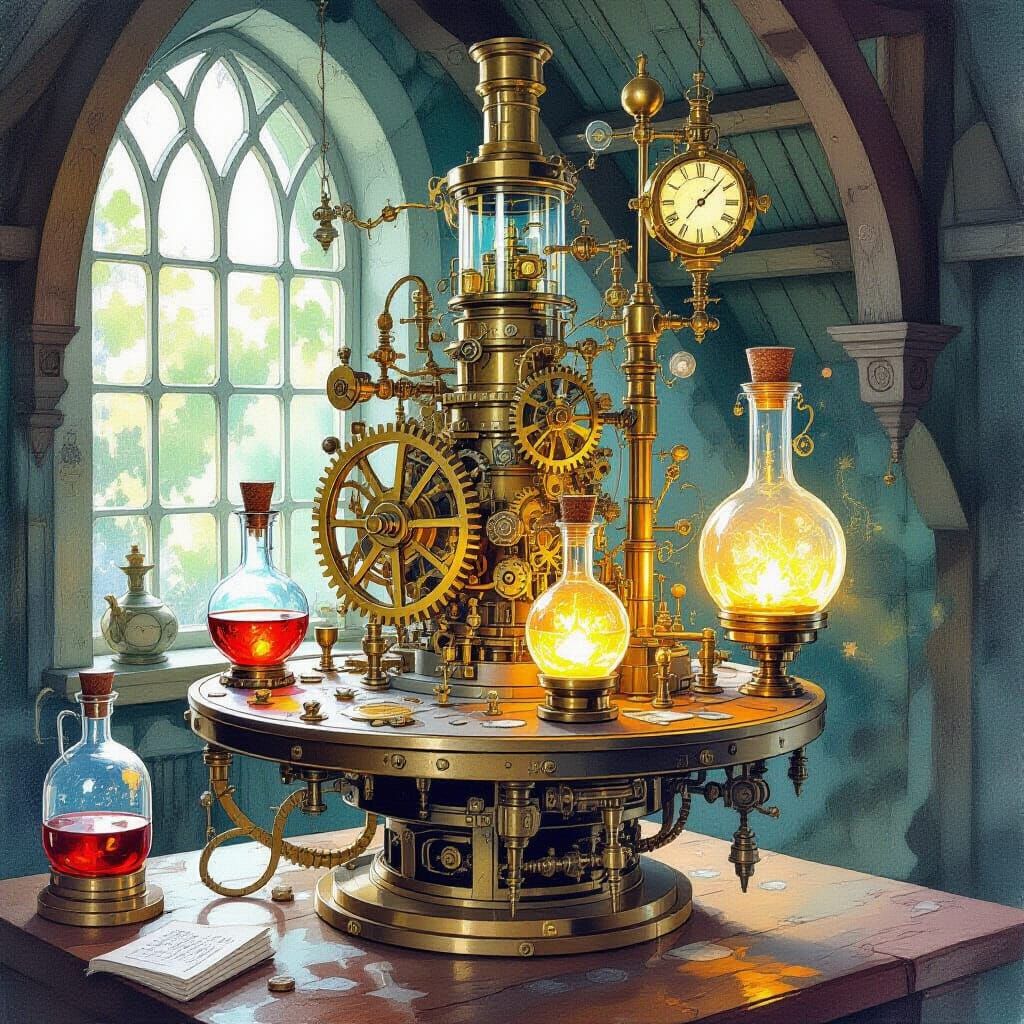 Whimsical Invention Painting with Brass Gears and Glowing Vi...