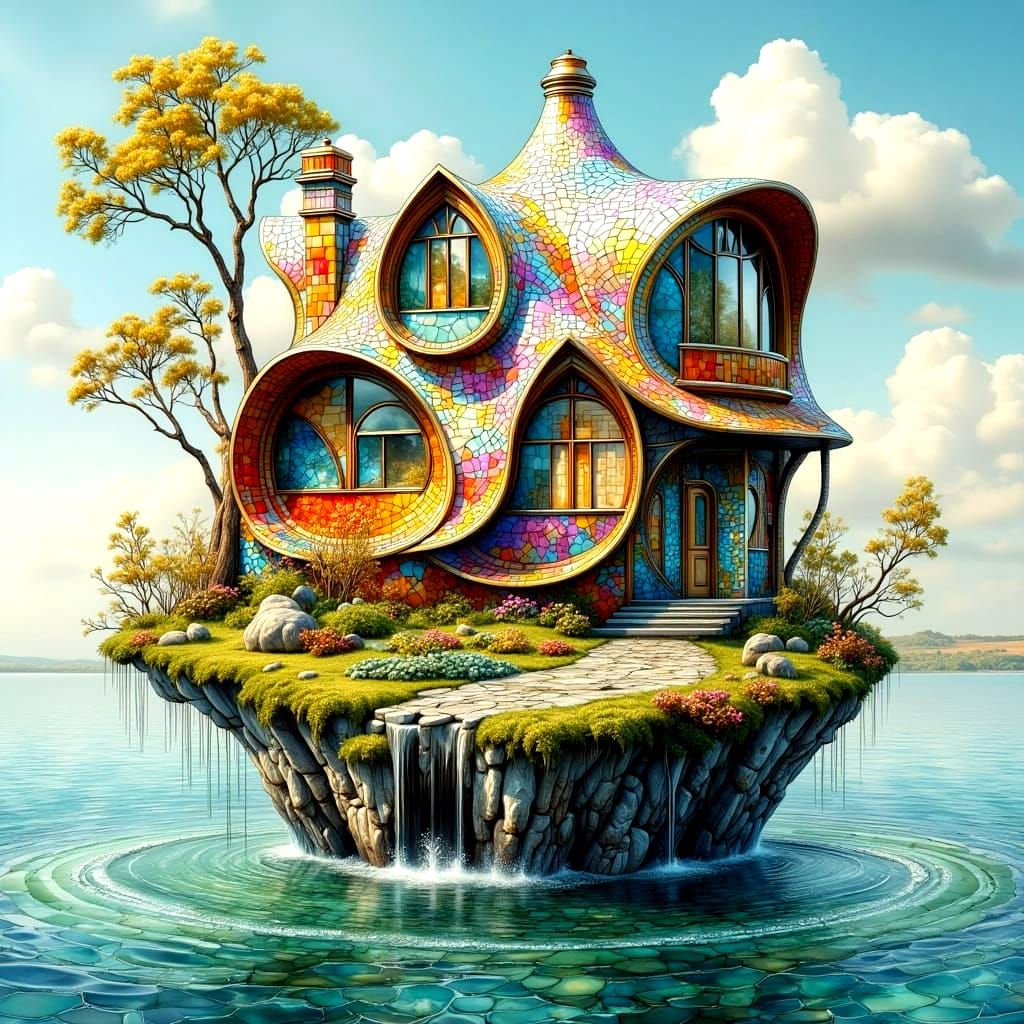 Mosaic House on Stilts in Digital Art Style