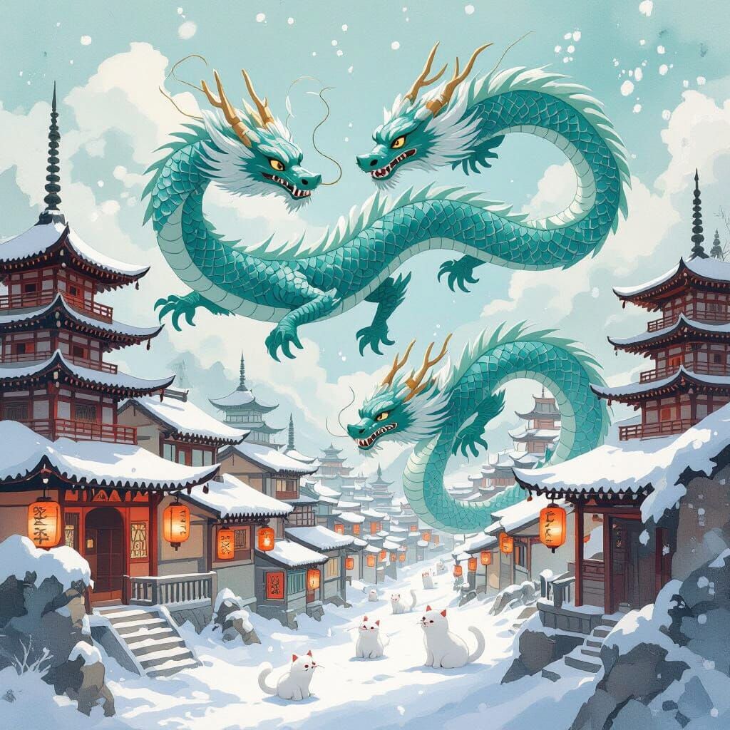 Teal Dragons Over Japanese Town with Cats in Snow