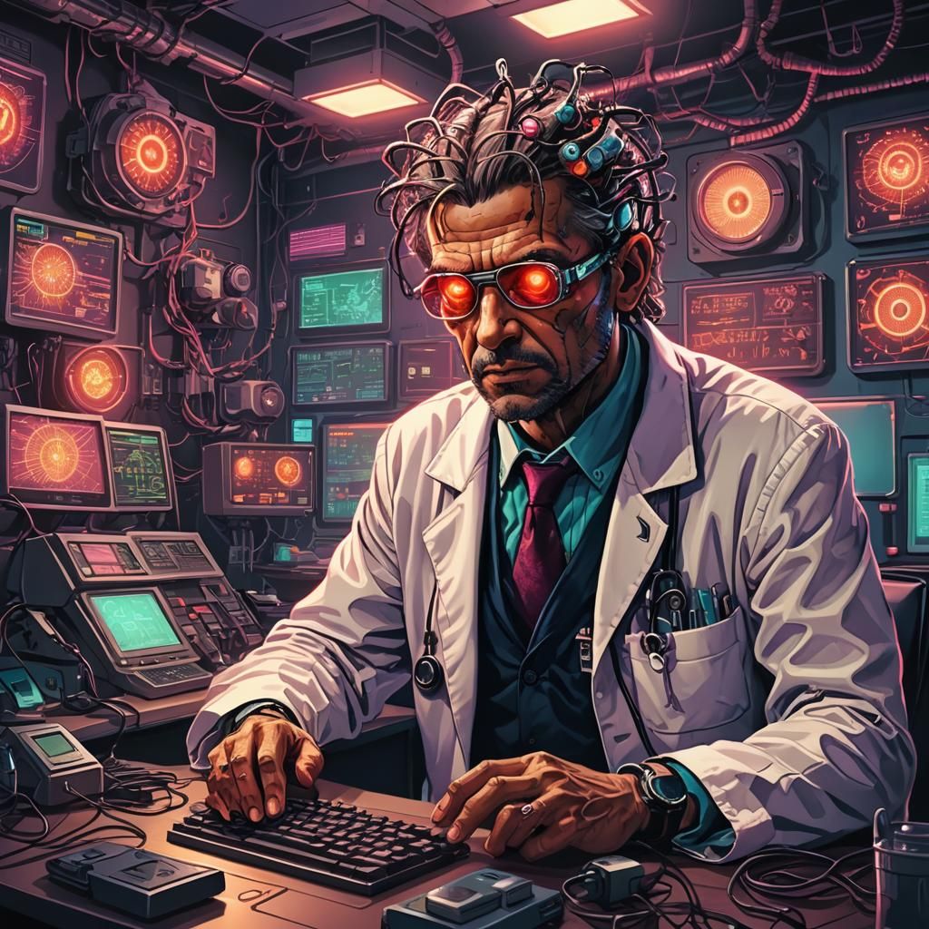 Biopunk Doctor in Cyberpunk Hospital, Digital Art