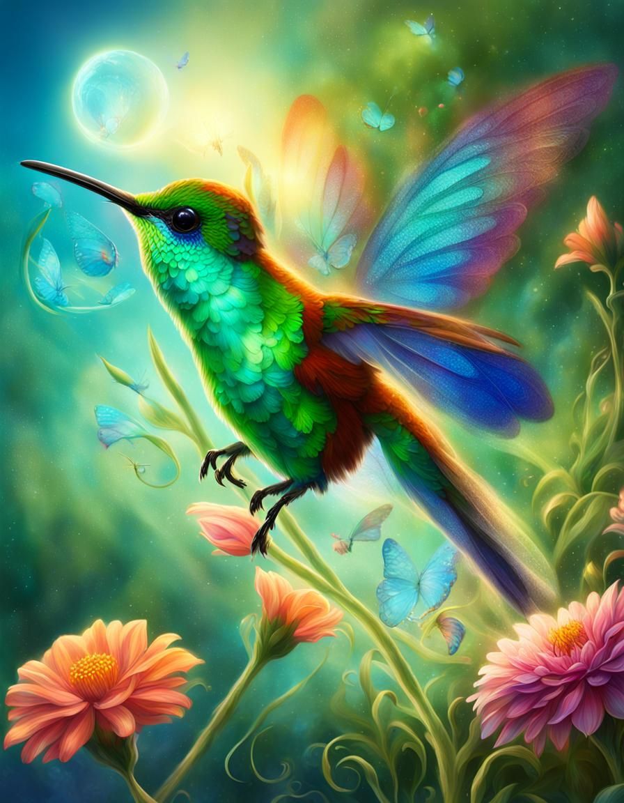 Hummingbird and Butterfly Fantasy Art in Flight