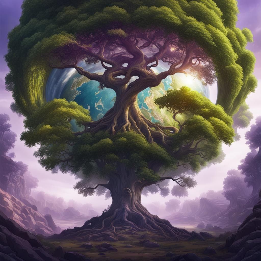 Earth Tree Double Exposure in Dark Fantasy Style