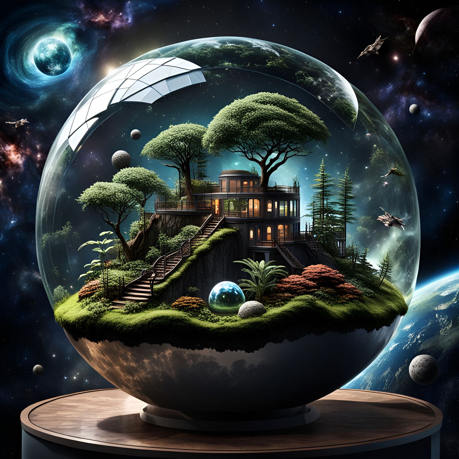 Giant Terrarium Sphere Floating in Space