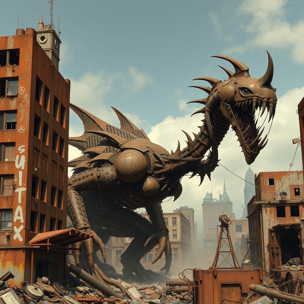 Dystopian Rust City Destroyed by Metal Monster