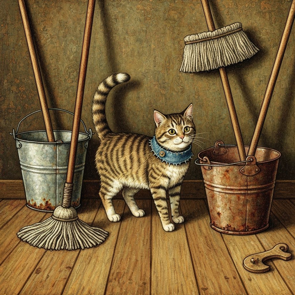 Folk Art Cat on Vintage Floor with Mops