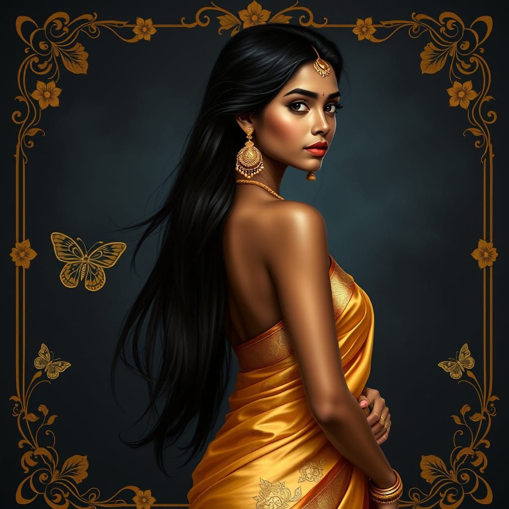 Elegant Sri Lankan Goddess in Golden Sari