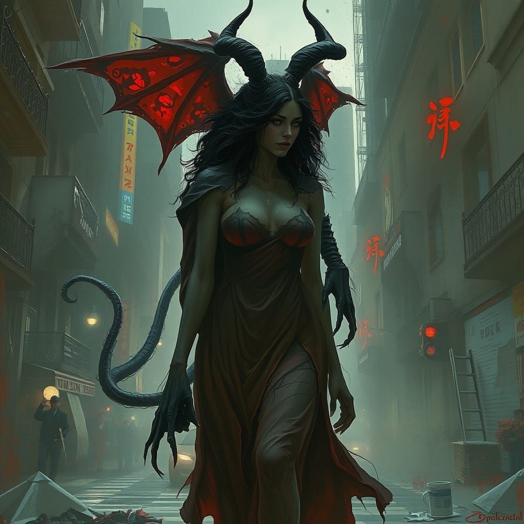 Dark Fantasy Portrait of a Woman and a Demon in Urban Settin...