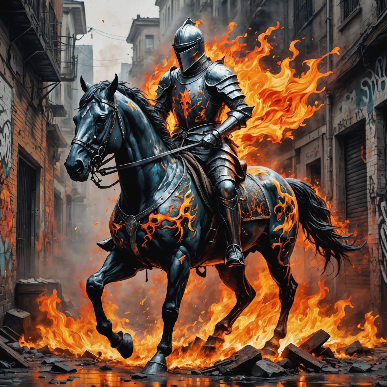 Fiery Knight on Horseback in Graffiti Art Style