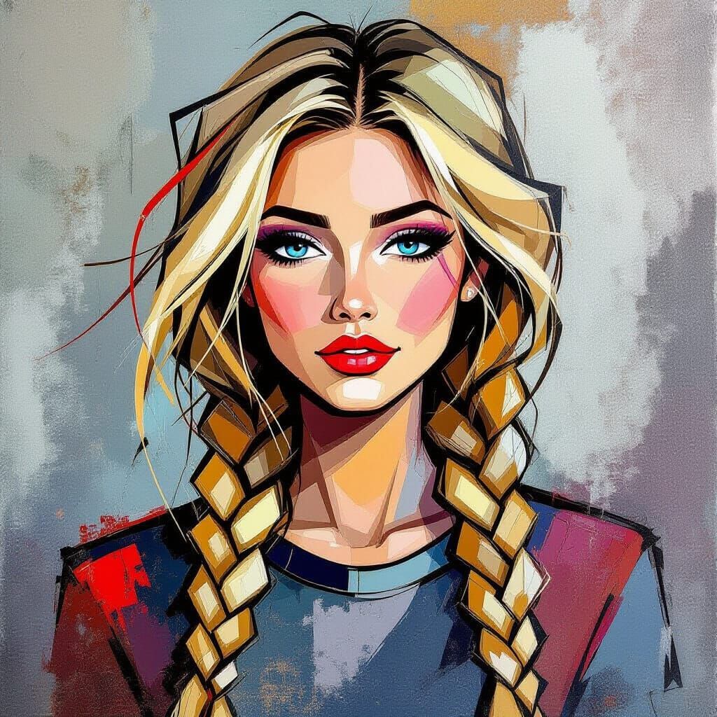Cubist Woman Explosion with Elaborate Blonde Braided Hair