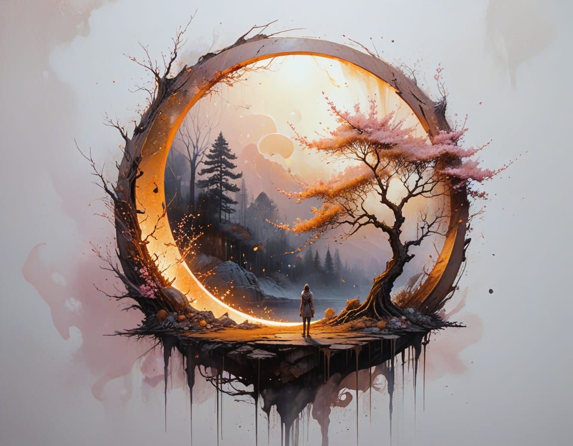 Surreal Crescent Moon Dreamscape with Glowing Tree