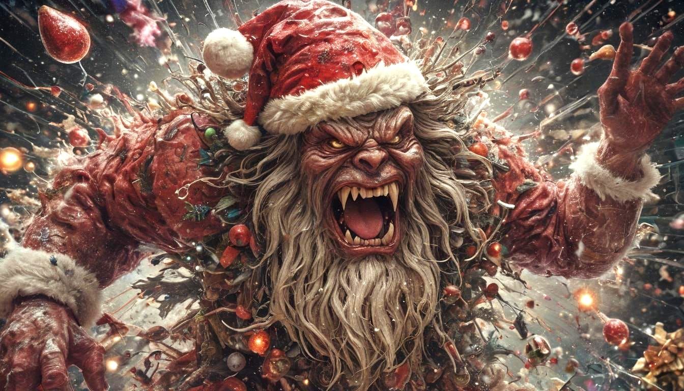 Surreal Santa Monster in Neon Pop Art Style