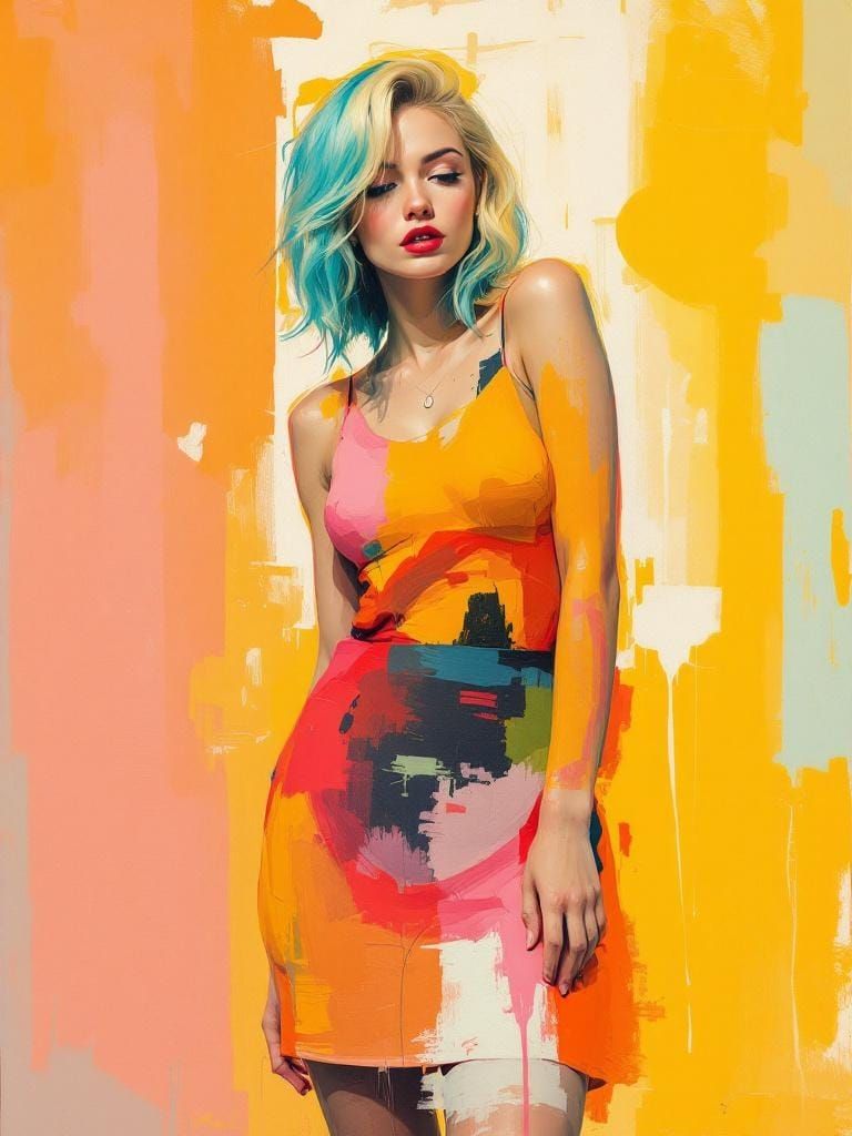 Blond Woman with Teal Hair in Modernist Style