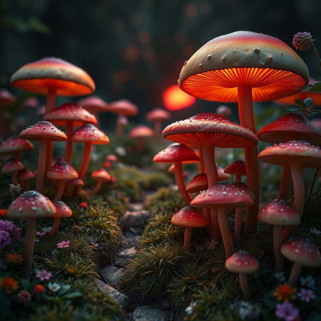 A spread of  mushrooms looking like a forest  lit by the eve...