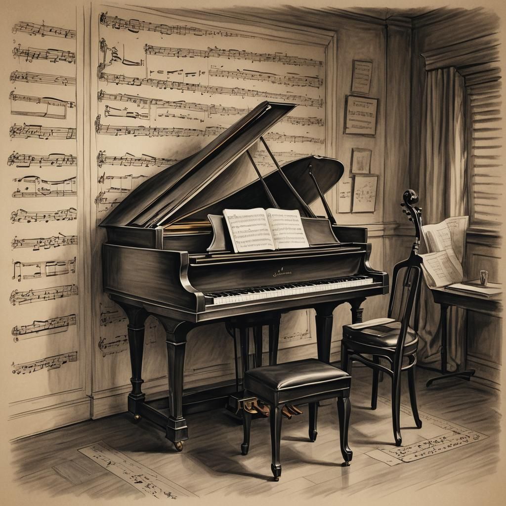 Cozy Music Room in Charcoal Drawing Style