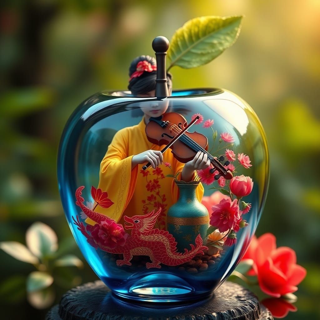 Glass Apple Macro Photograph with Girl and Violin