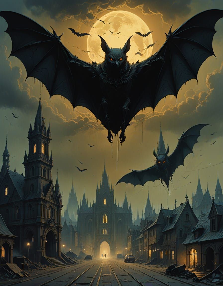 Gargantuan Gothic Bat in Dark, Futuristic Landscape