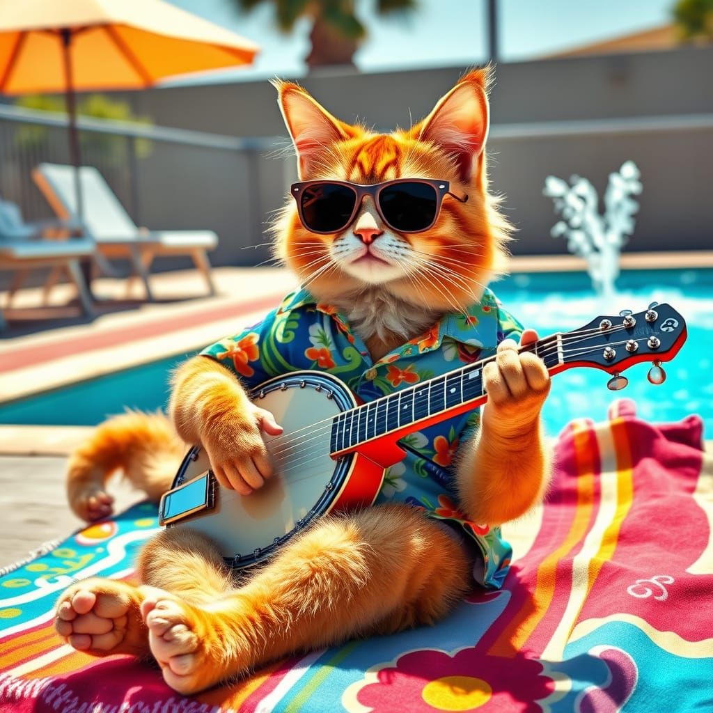 Feline Musician Plays Banjo Poolside in Vibrant Summer Style