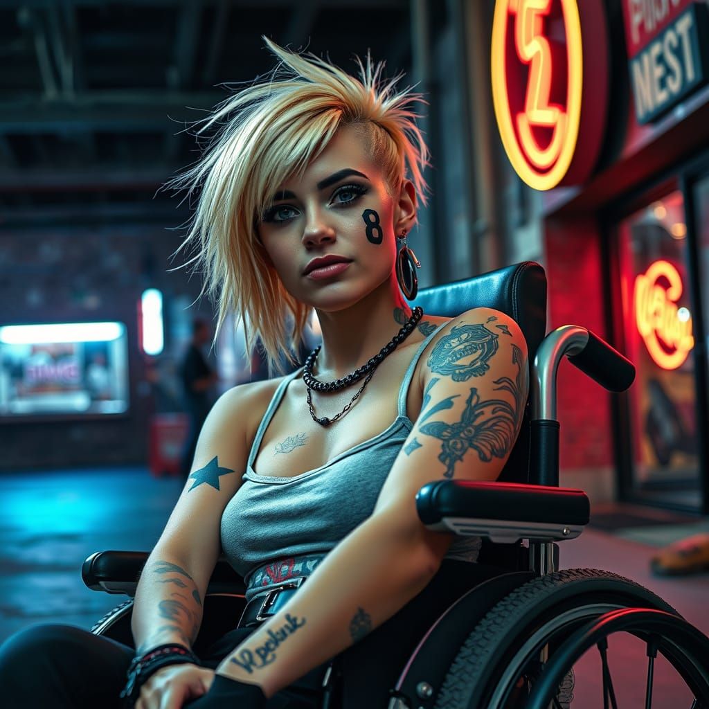 Punk Woman in Electric Wheelchair with 8 Tattoo, Neon Citysc...