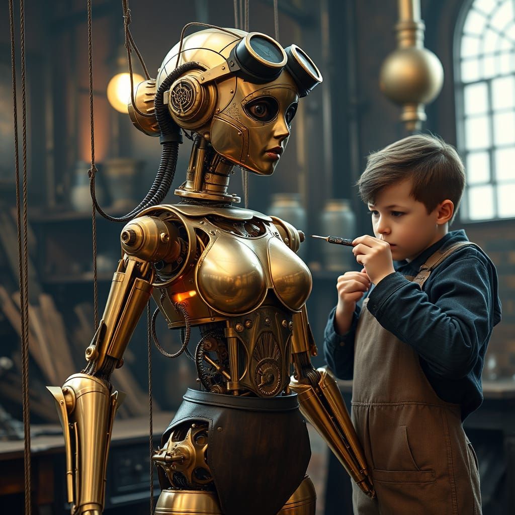Steam Punk Lady Puppet in Victorian Workshop