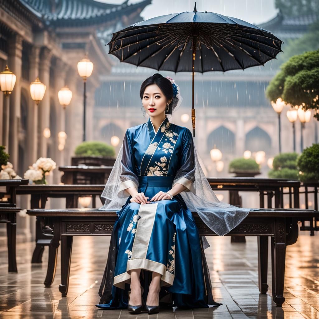 Chinese Woman Playing Game in Rainy Palace Courtyard