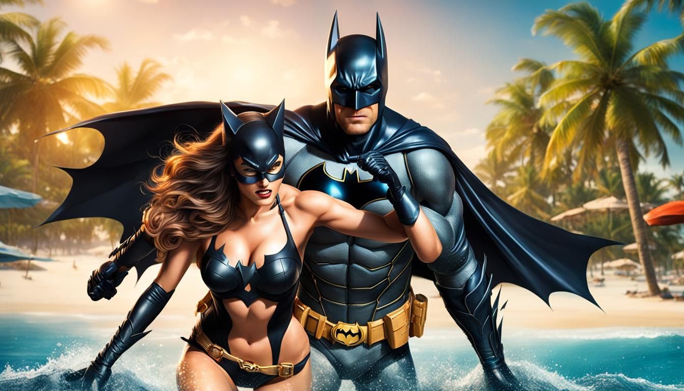 Batman and Catwoman in Love on Tropical Beach