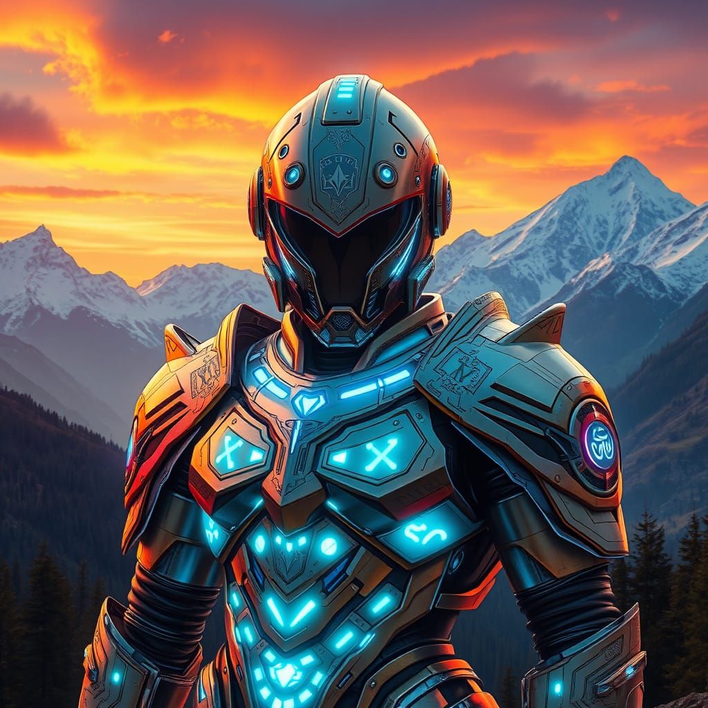 Majestic Living Armor in Synthwave Mountainscape