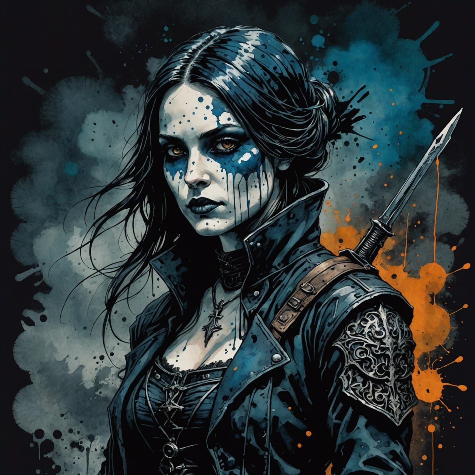 Gothic Female Assassin in Lunarpunk Ink Splatter