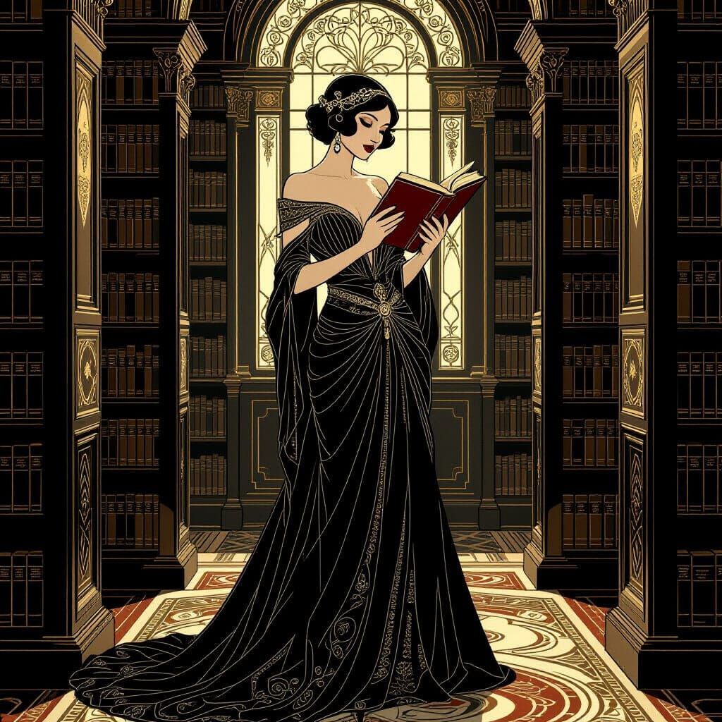 Art Deco Elegance: Woman in Library with Rare Book