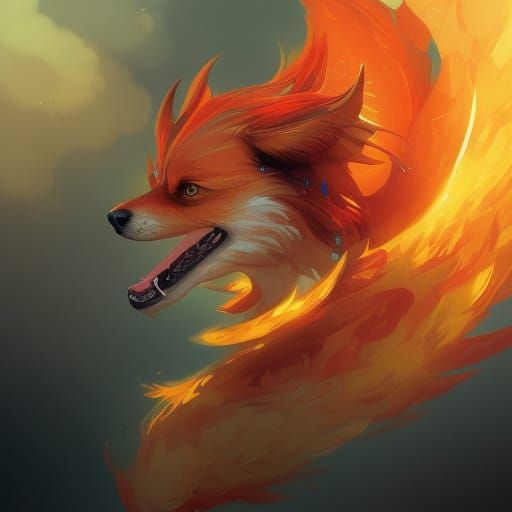 Detailed Chibi Phoenix Dog Portrait in Hyperdetailed Style